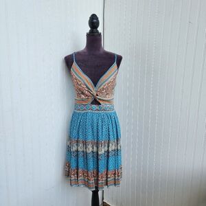 Angie Dress Womens Blue Orange Boho Floral Twist Knot Empire Waist Straps Sz L
